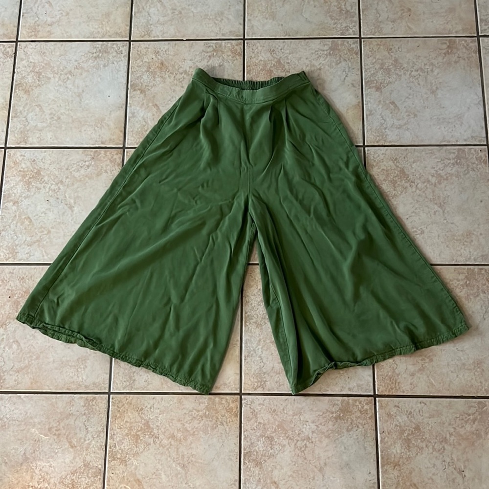 Tianello Wide Leg Gaucho‎ Culottes Pants Green Tencel Rayon Blend, Sz XS